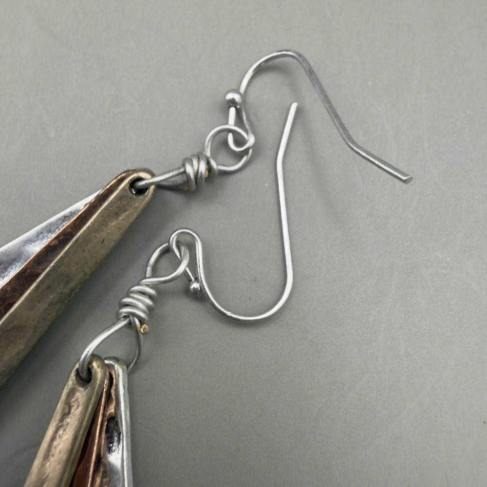 Artisan Mixed Metal Dangle Earrings Hammered Copper Brass Silver Tone Boho - Picture 2 of 7